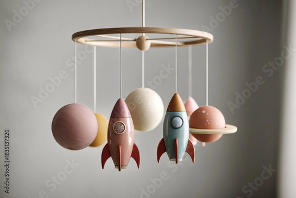 Fototapeta Colorful mobile featuring rockets and planets hangs in a stylish child's room, creating a whimsical atmosphere with soft lighting and a serene backdrop