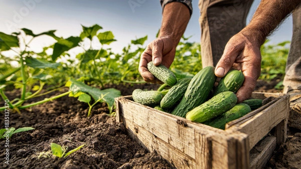 Fototapeta Close-up of farmers hands collecting cucumbers at dawn in a fertile field, showcasing the rich bounty in a rustic wooden box on the ground
