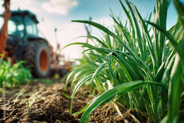 Fototapeta Close-up view of lush green plantings during harvest season. Bright sunlight illuminates the scene while agricultural machinery stands ready in the background