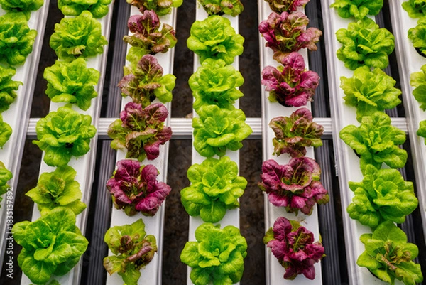 Fototapeta Juicy red and green lettuce grows in white rectangular containers in a hydroponic farm setting, showcasing lush rows from above in vibrant detail