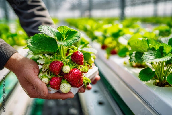 Fototapeta Farmer's hands showcase a lush strawberry bush with ripe berries in a bright indoor farm, surrounded by rows of pots in an eco-friendly setup