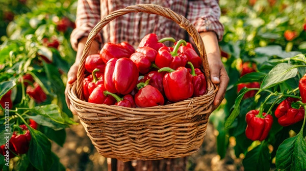 Fototapeta Female farmer holds a large wicker basket brimming with bright red peppers, surrounded by a lush plantation glowing in natural sunlight