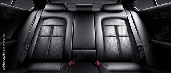 Fototapeta Close look at a sophisticated car rear seat featuring plush black upholstery and secure shoulder belts, highlighting elegance and commitment to passenger safety