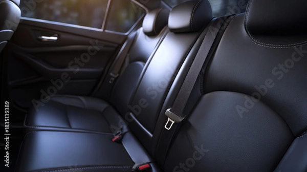Fototapeta This detailed view captures a modern car's rear seat with sleek black seat belts, emphasizing safety and elegant design in a sophisticated vehicle interior