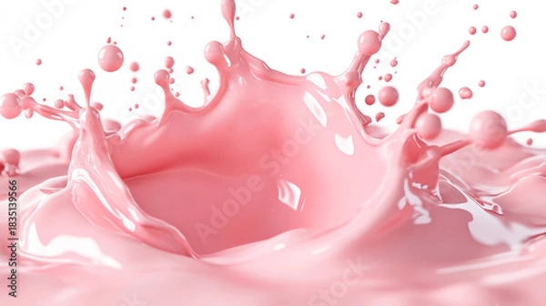 Fototapeta In a detailed display, a dynamic splash of strawberry milk creates a colorful scene against a white backdrop, highlighting its rich texture and hues