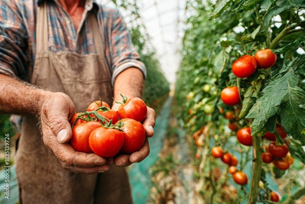 Fototapeta A farmer stands in a vibrant tomato greenhouse, showcasing ripe tomatoes in hands. The scene captures the essence of agriculture and fresh produce