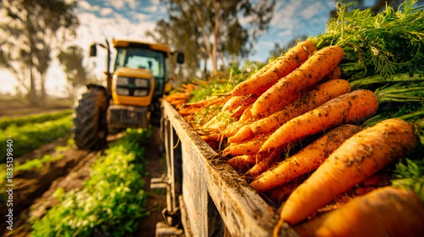 Fototapeta A yellow tractor pulls a trailer filled with carrots, highlighting the fresh harvest against a warm, sunlit backdrop in a rustic farm field