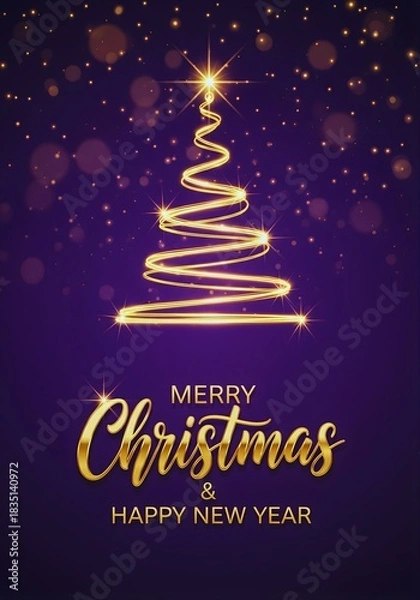 Fototapeta Elegant Christmas Tree with Golden Light on Purple Background – Merry Christmas & Happy New Year Greetings