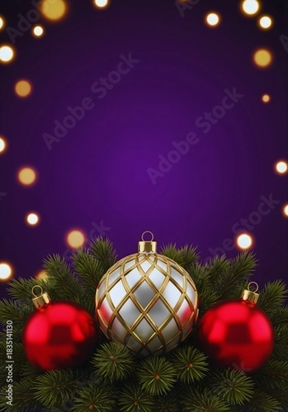 Fototapeta Festive Christmas Ornament Arrangement with Bokeh Lights and Purple Background