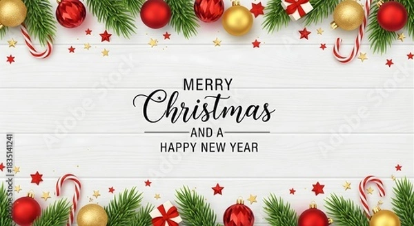 Fototapeta Festive Christmas Decoration Border with Ornaments and Evergreen Branches on White Wood