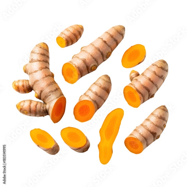 Fototapeta "Fresh Turmeric Roots Whole and Sliced - Top View on White Background"