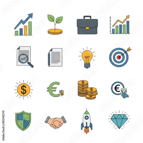 Fototapeta "Business and Finance Icon Set - Colorful Flat Line Icons Collection on White Background"