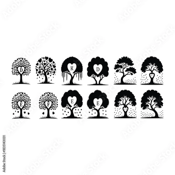 Obraz Tree With Carved Heart Initials and Small Fallen Petals.