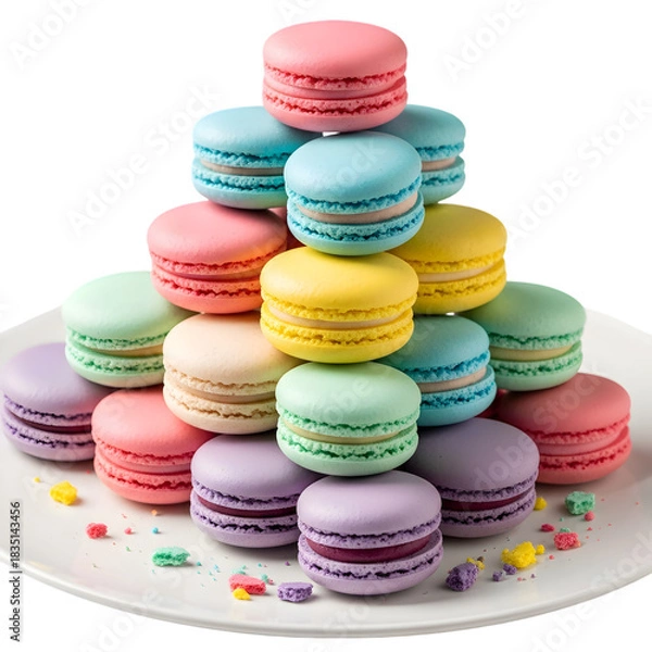 Fototapeta "Colorful Macaron Tower - Stack of Pastel French Macarons on White Background"