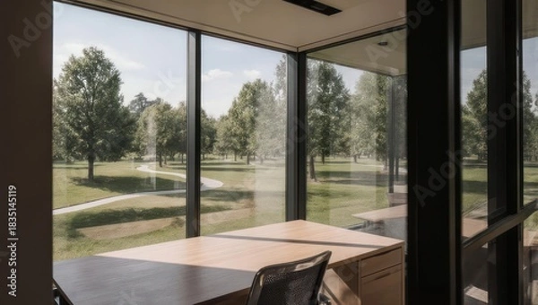 Fototapeta Modern office workspace with a scenic park view through large windows.