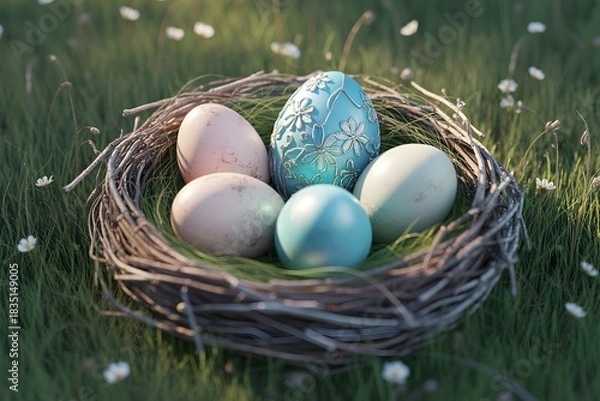 Fototapeta Easter eggs nestled in a twig nest