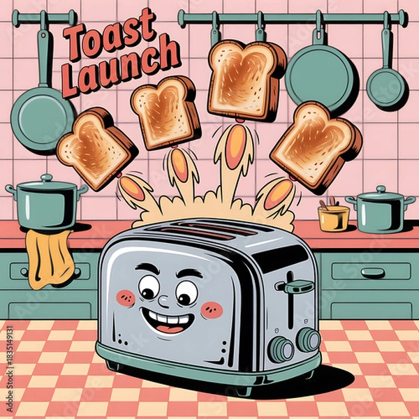 Obraz Cartoon Toaster Blasts Off Golden Toast in Kitchen