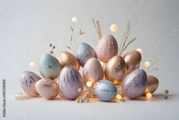 Fototapeta Pastel easter eggs with twinkling lights and feathers