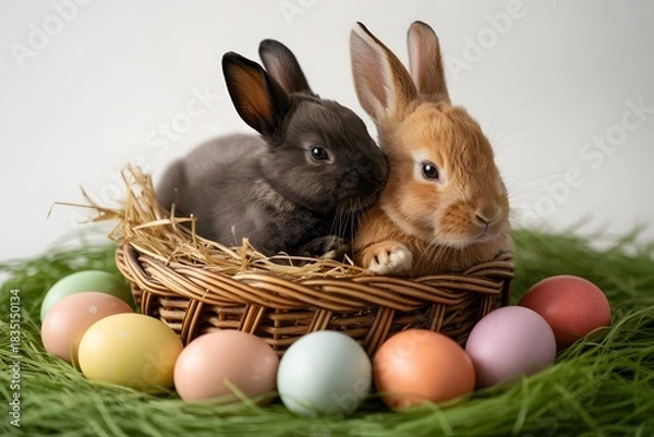 Fototapeta Two cute bunnies in a nest with easter eggs