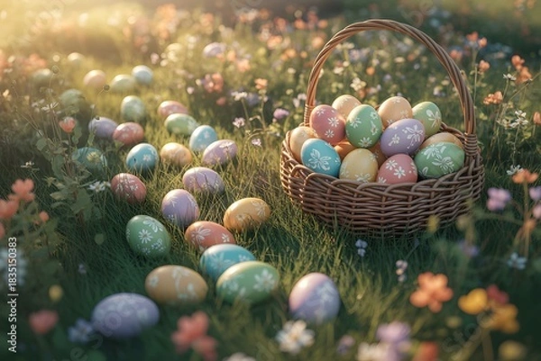 Fototapeta Easter eggs scattered in a sunny meadow