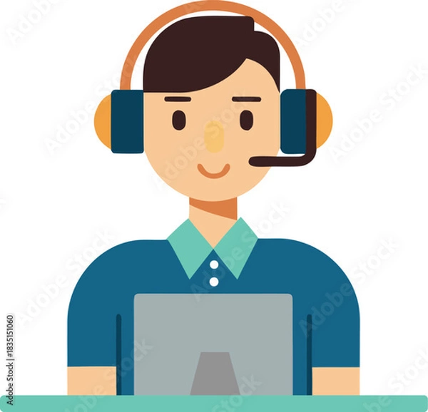 Obraz Customer support agent wearing headset using computer isolated on white background