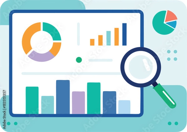 Obraz Data analytics dashboard with charts and magnifier isolated on white background