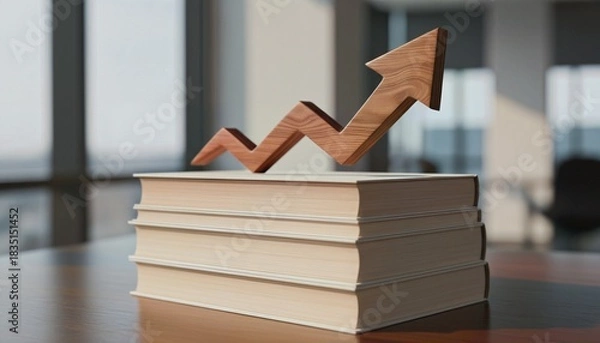 Obraz Wood Sculpture Arrow on Books Reflecting Aspiration and Educational Advancement in Corporate Setting