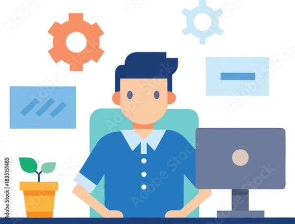 Obraz Developer coding at desk with programming brackets and gear isolated on white background