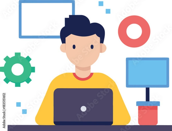 Obraz Developer coding at desk with brackets and gear isolated on white background