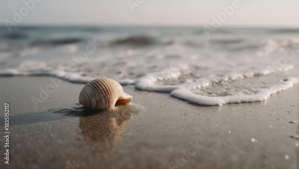 Fototapeta Seashell Washed Ashore by Gentle Ocean Waves on a Sandy Beach.