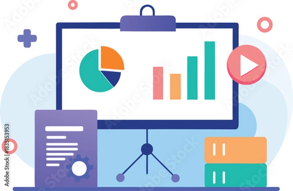 Obraz Business presentation with projector screen and chart isolated on white background