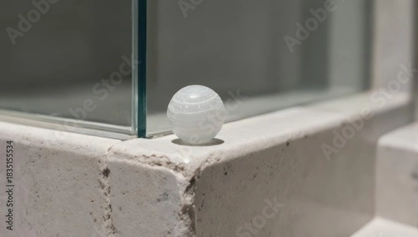 Fototapeta Small White Spherical Object on a Concrete Ledge Next to a Glass Panel.