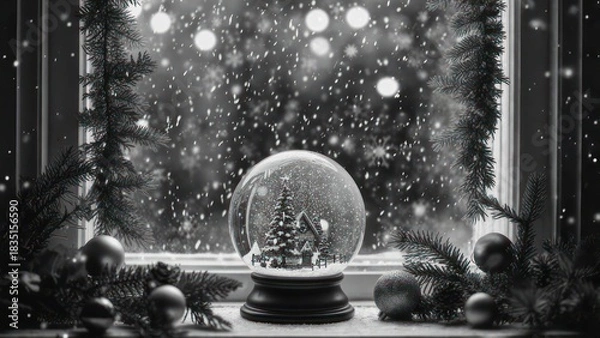 Fototapeta Snow Globe Magic - A Winter Window Display in Black and White.