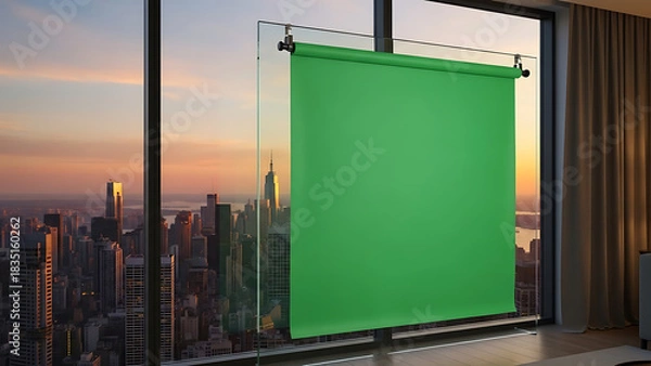 Obraz Green screen setup over urban sunset skyline