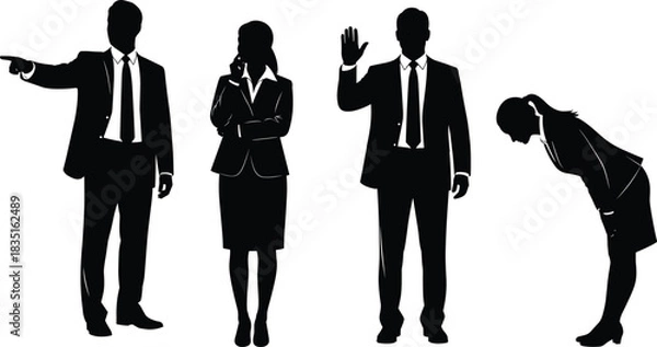 Fototapeta Business silhouettes showing assertive, contemplative, greeting, and respectful gestures for professional communication, leadership, teamwork, and corporate behavior themes.