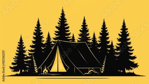 Obraz Silhouette of a camping tent nestled among tall pine trees.