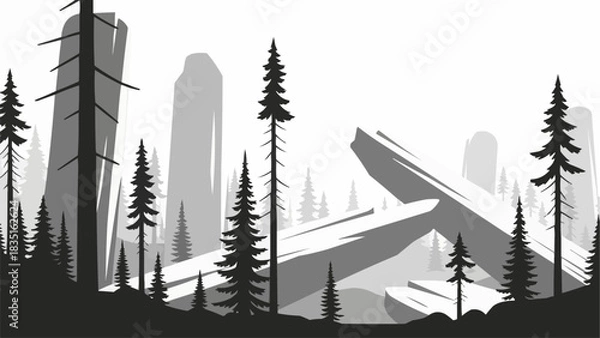 Obraz Monochromatic Forest Landscape with Tall Pine Trees and Abstract Shapes.