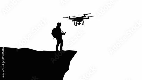 Obraz Silhouette of a person controlling a drone on a cliff edge.