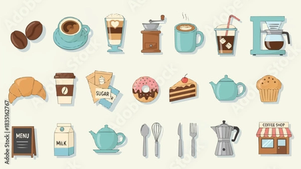 Obraz Coffee Shop Icons - A Collection of Beverages, Pastries, and Equipment.