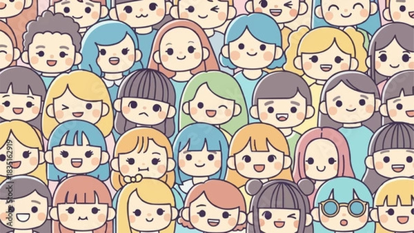 Obraz Diverse group of happy cartoon people with various expressions and hairstyles.