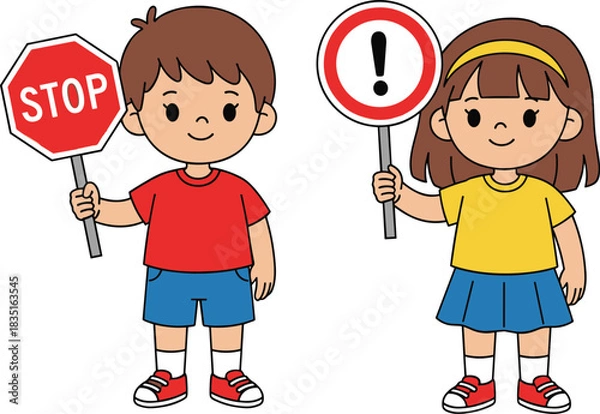 Fototapeta Cartoon children holding safety signs for traffic awareness, educational road rules, stop and caution symbols, school safety illustration vector