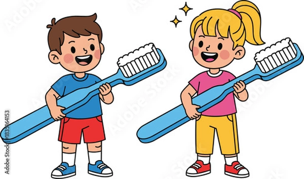 Fototapeta Cartoon kids brushing teeth with giant toothbrushes promoting dental hygiene, oral care, healthy habits, and smiling faces in colorful style