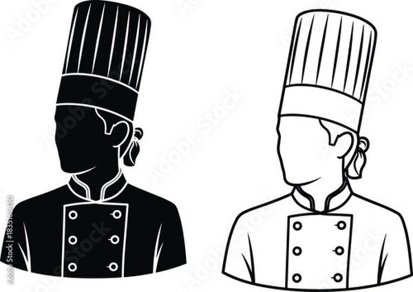 Fototapeta Chef silhouette and outline illustration in traditional uniform with hat, neckerchief, buttons — black and white graphic style
