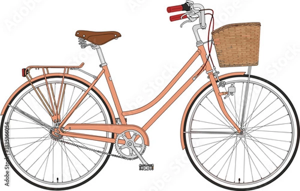 Fototapeta Classic peach bicycle with basket, spring saddle, rear rack, chain guard, stylish lifestyle transport illustration on white background for design use