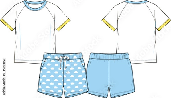 Fototapeta Cute cloud print summer pajama set with short sleeve top and drawstring shorts, front and back fashion flat illustration