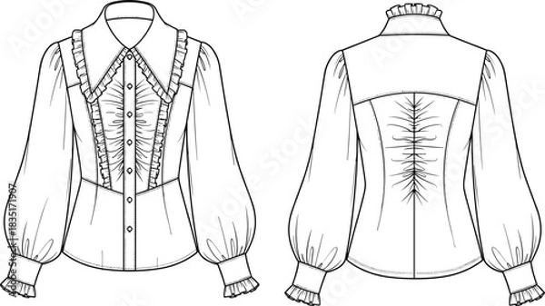 Fototapeta Elegant women's blouse technical fashion illustration with ruffled sleeves, button front, pointed collar, yoke back, and gathered details.