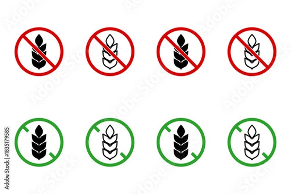 Fototapeta Green and Red No Gluten or Gluten Free Round Circle Package or Product Info Label Stamp Sign Icon Set with Circle Backslash and Wheat or Grain Ear Symbol. Vector Image.
