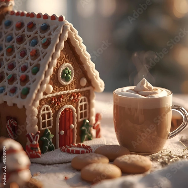 Fototapeta Scene creates perfect happy background for Christmas holiday. Enjoying relaxing music in cozy winter setting with warm drink and festive treats
