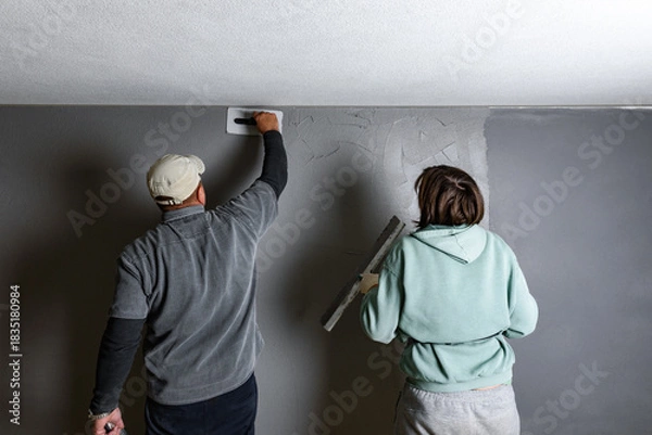Fototapeta Workers applying and smoothing decorative pebble plaster using a putty knife and float on a wall.