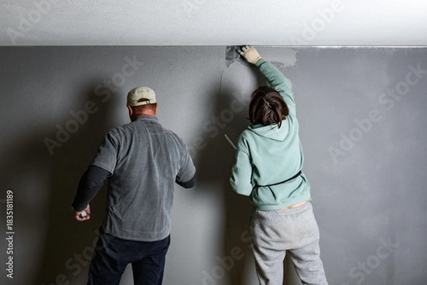 Fototapeta Workers applying and smoothing decorative pebble plaster using a putty knife and float on a wall.